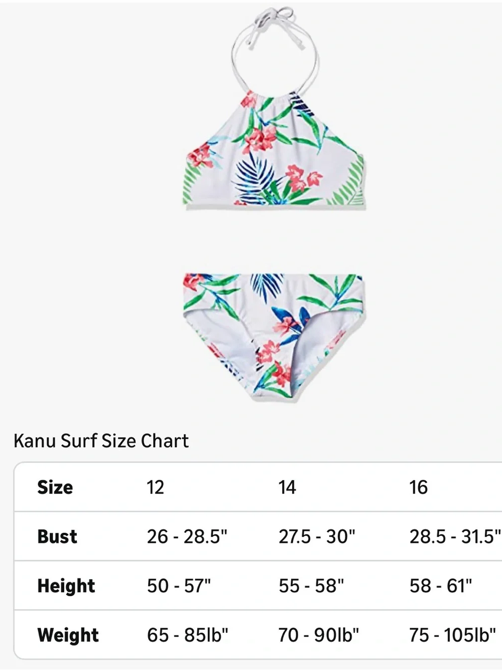 Kanu Surf Girls White Tropical Floral High Neck Bikini, 2-Piece Swimsuit Size 14